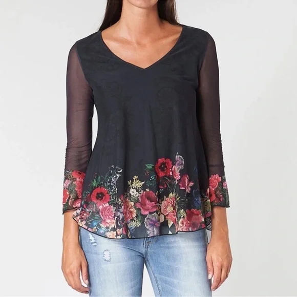Desigual O’Hara Sheer Sleeve Floral and Rhinestone Hem Lined Flowy Blouse - Picture 1 of 11